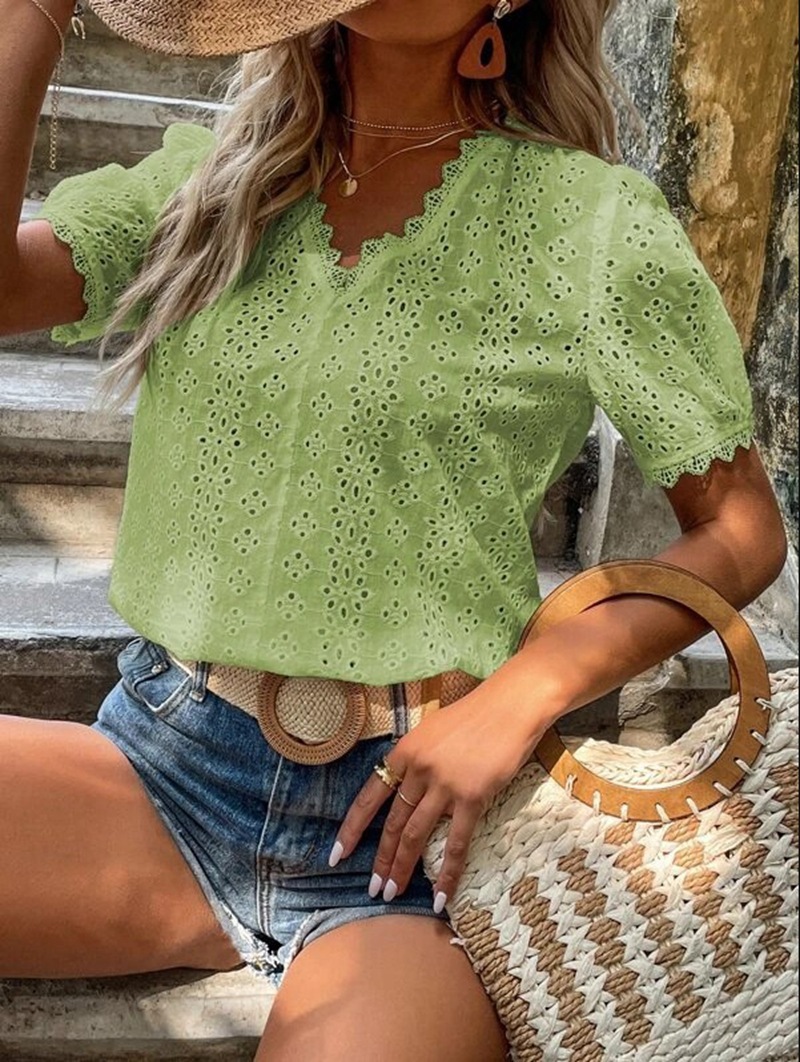 Solid-color Short-sleeved Cutout Blouse