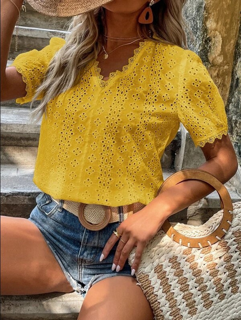 Solid-color Short-sleeved Cutout Blouse