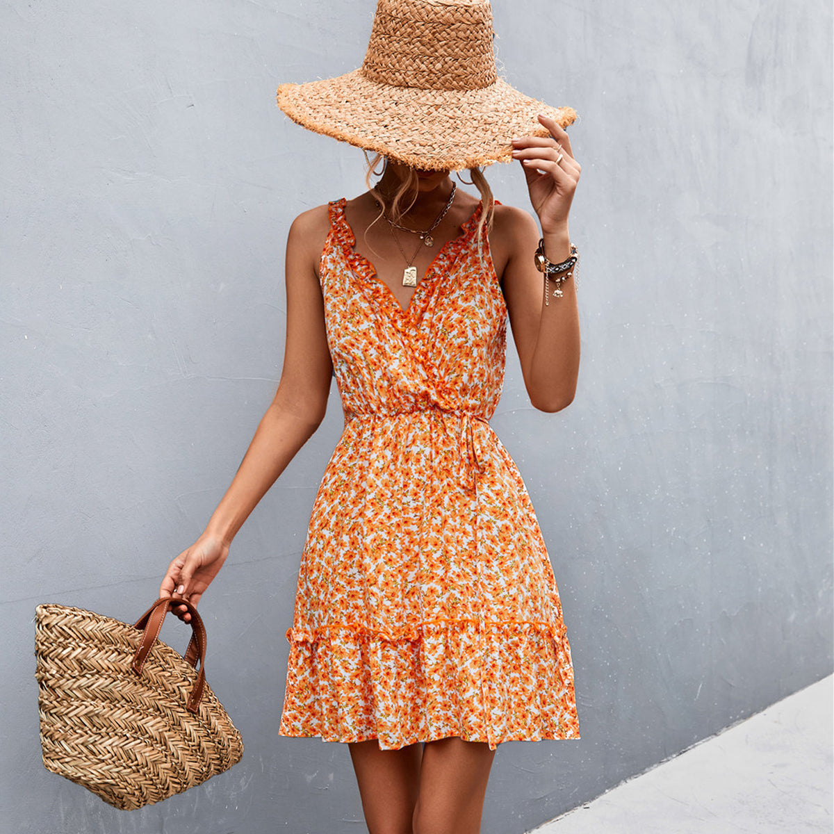 V Neck Floral Print Frill Sleeveless Casual Dress