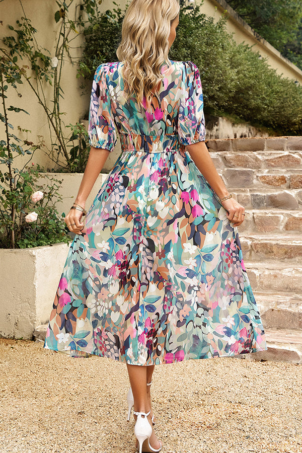 V Neck Smocked Waist Floral Print Maxi Dress