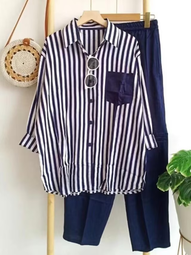 Women's Loungewear Sets 2 Pieces Long Sleeve Lapel Stripe Shirt and Wide Leg Pure Color Pants Simple Basic Casual Home Daily Going out Polyester Summer Spring Black Yellow