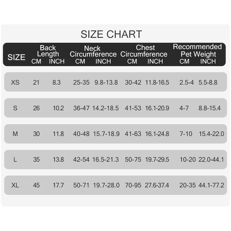 Dog life jacket size chart for XS S M L XL