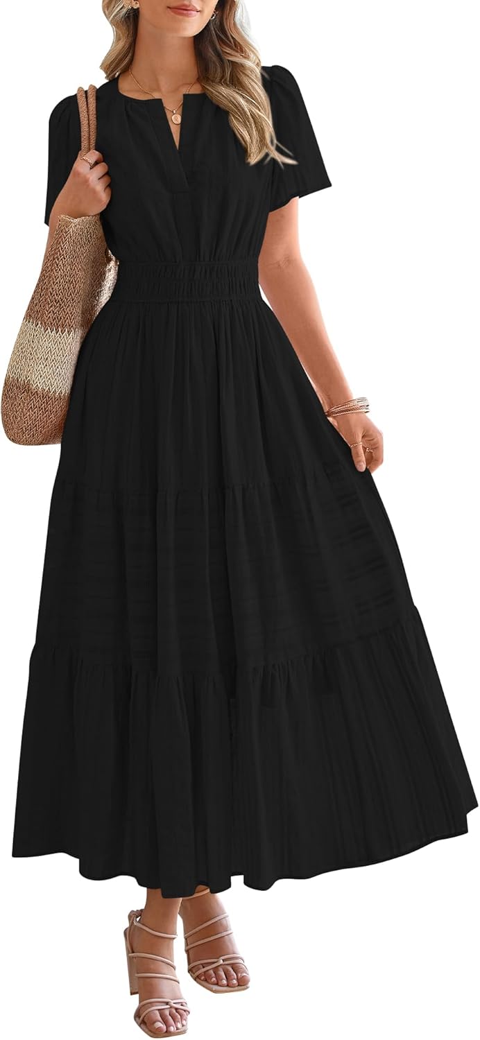Midi Maxi Dresses Lightweight Short Sleeve V Neck Elastic Waist Boho Beach Dress Pockets