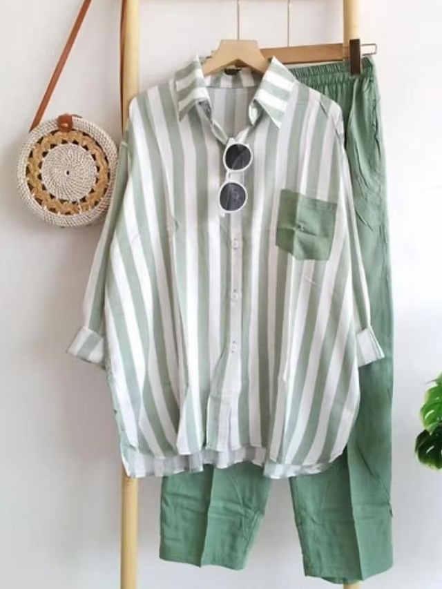 Women's Loungewear Sets 2 Pieces Long Sleeve Lapel Stripe Shirt and Wide Leg Pure Color Pants Simple Basic Casual Home Daily Going out Polyester Summer Spring Black Yellow