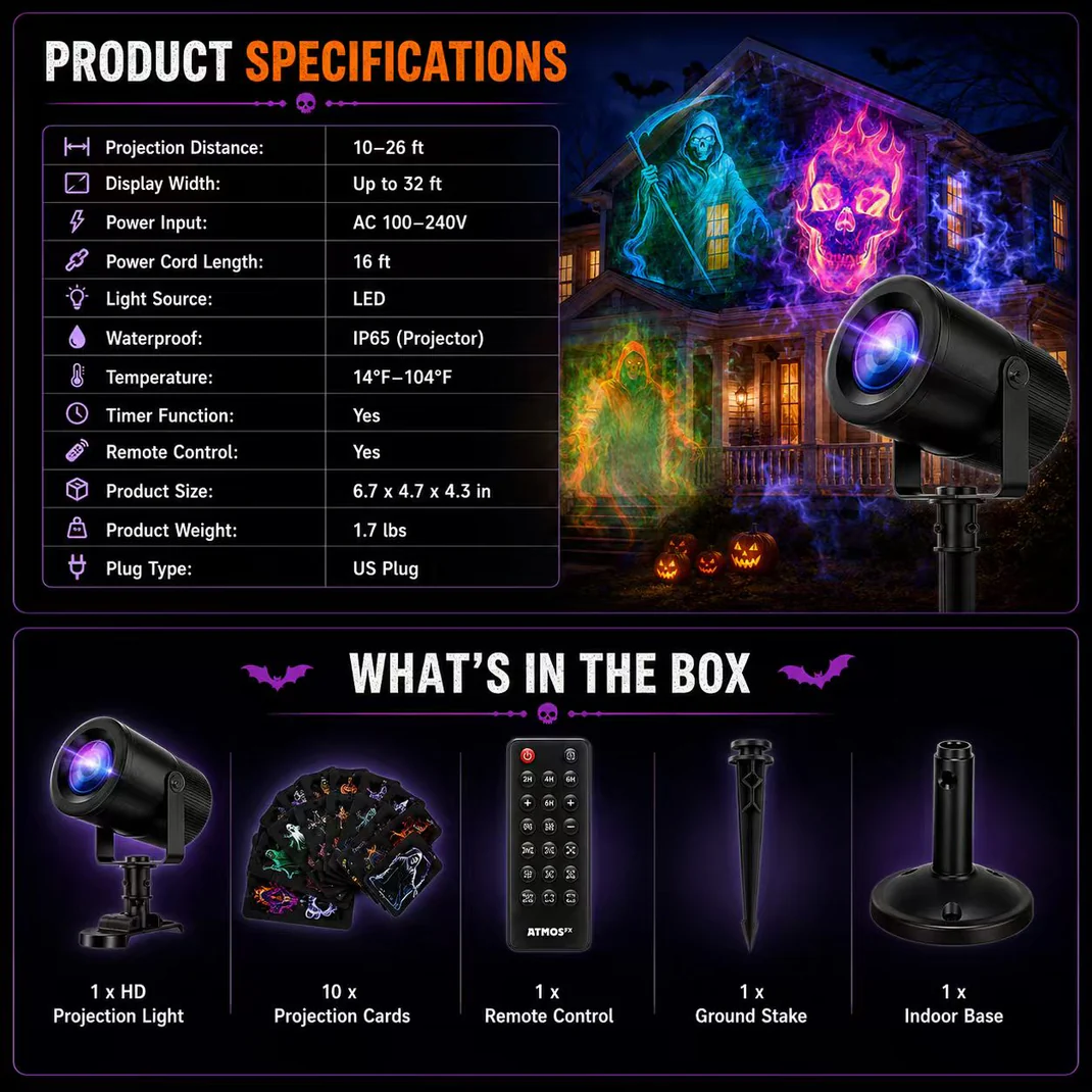 🔥👻 2026 Upgraded Halloween Projector Lamp, 32FT Large Screen HD Projection Light, Indoor Outdoor Spooky Halloween Wall Decor for Yard, Window & Party Decoration