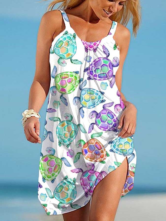  Buy 3 Get 15% Off Vacation Watercolor Sea Turtle Print Slip Dress
