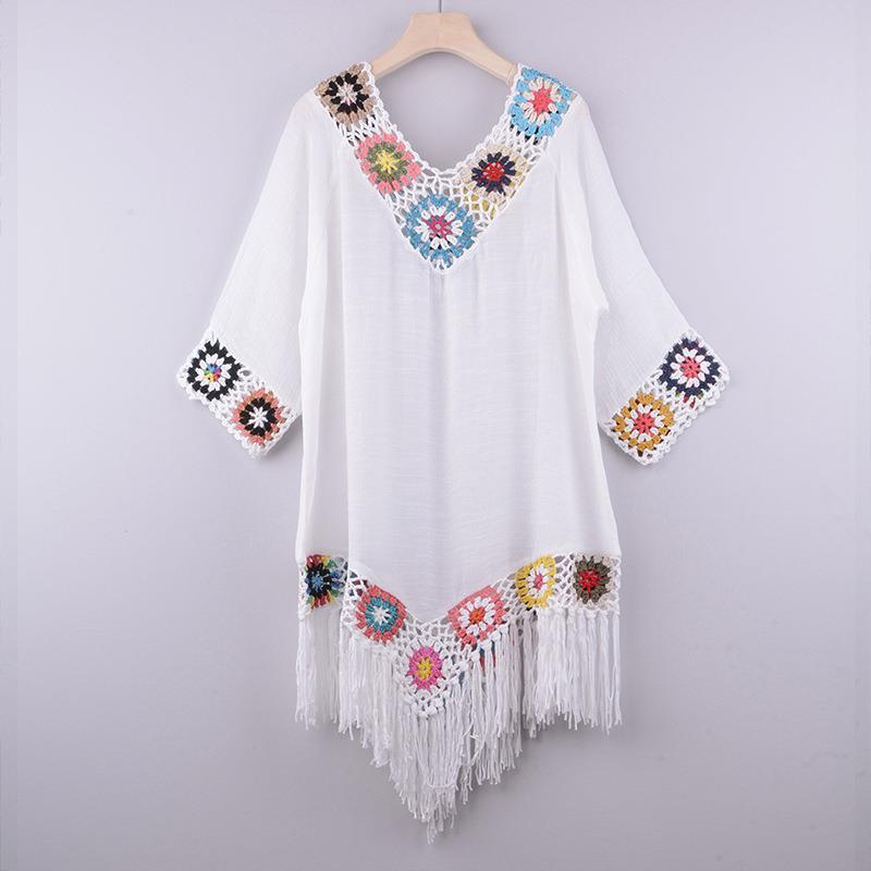 V Neck Asymmetrical Crochet Trim Tassel Cover Up