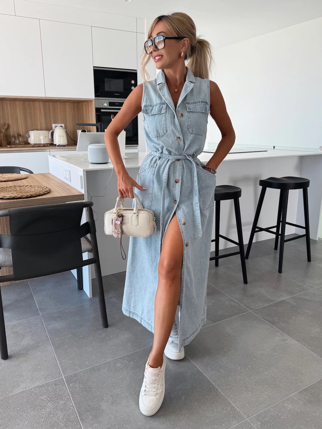 Solid Button Pocket Denim Dress