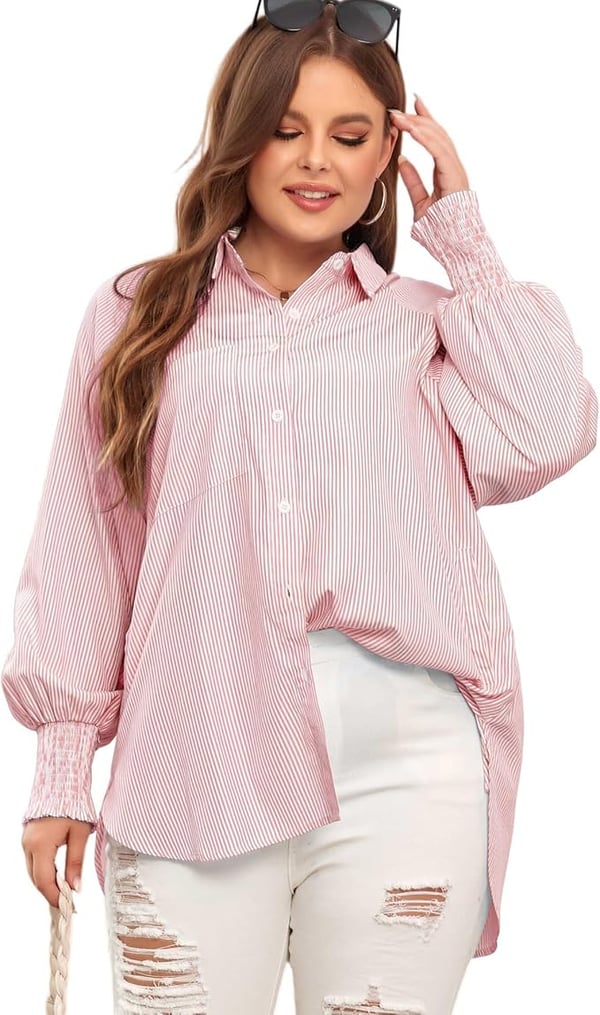 Mid-length shirt with striped lapel and oversized drawdown sleeves