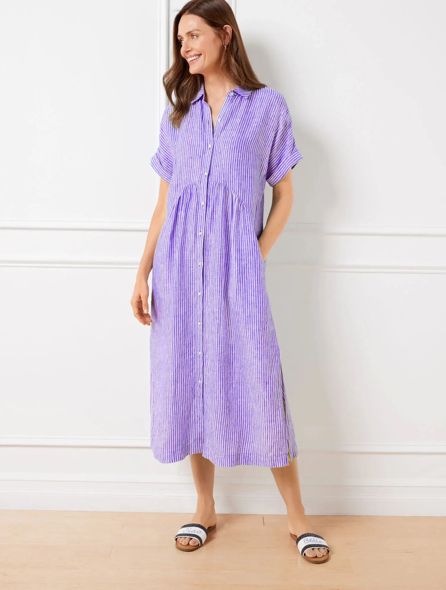 NEW🔥Drop Waist Linen Shirtdress - Happy Stripe