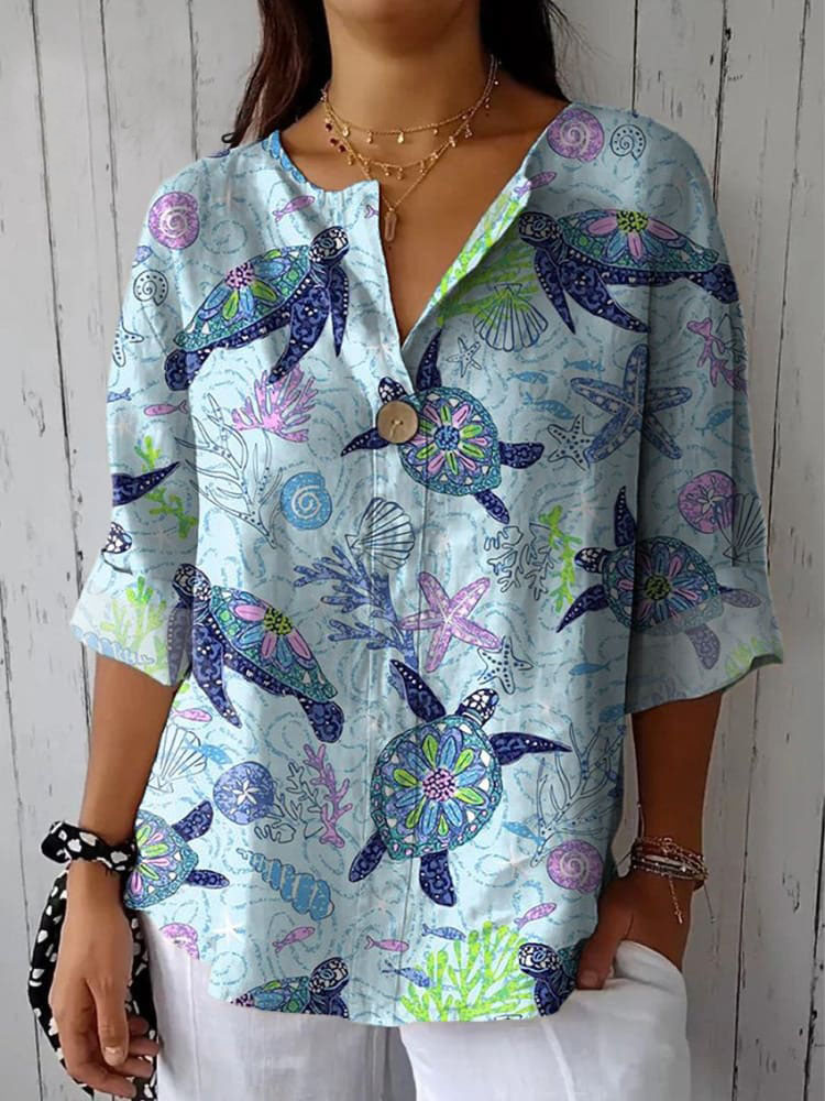 Sea Turtle And Coral Reef Pattern Printed Women's Casual Cotton Linen 