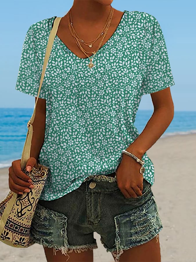  Best Match Women's Hawaiian Vacation Print Casual V-Neck T-Shirt