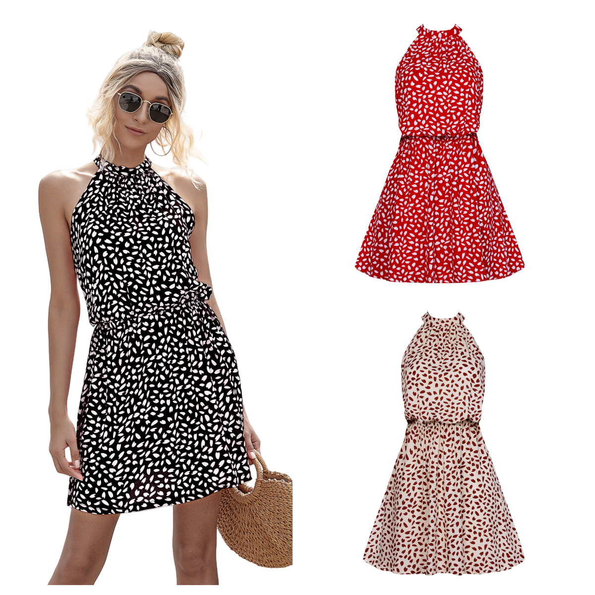 Women's mid-length dress with halter and strapless printed waist