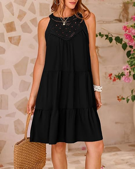 Hollow-out Lace Paneled Halter A-line Dress