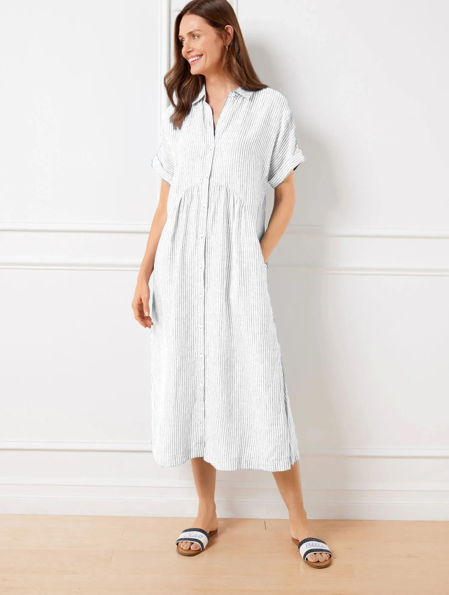 NEW🔥Drop Waist Linen Shirtdress - Happy Stripe