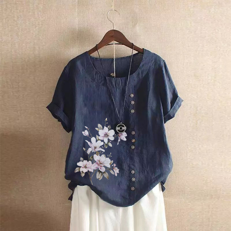 Ladies summer autumn retro casual loose cotton linen short sleeve T-shirt wood