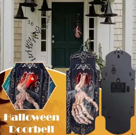 👻Halloween Hanging Doorbell Touch/Motion Activated Skeleton Hand Door Bell with Red Light Scary Sound Haunted House Decoration