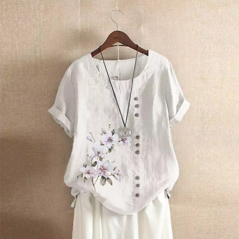 Ladies summer autumn retro casual loose cotton linen short sleeve T-sh