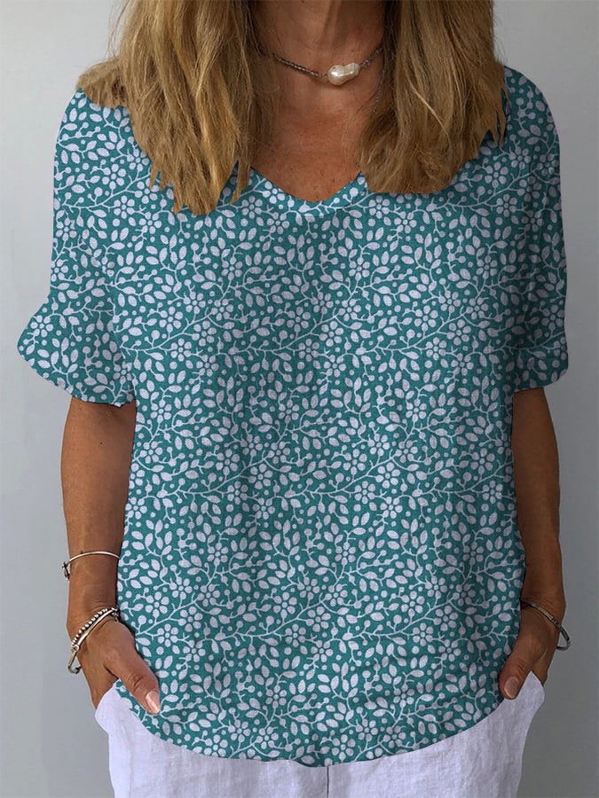  Best Match Women's Retro Floral Casual V-Neck Cotton And Linen Top