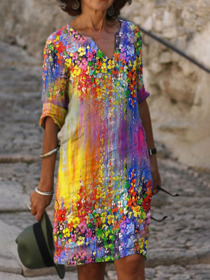  Buy 3 Get 15% Off V Neck Vintage Flower Oil Painting Gradient Print Dress