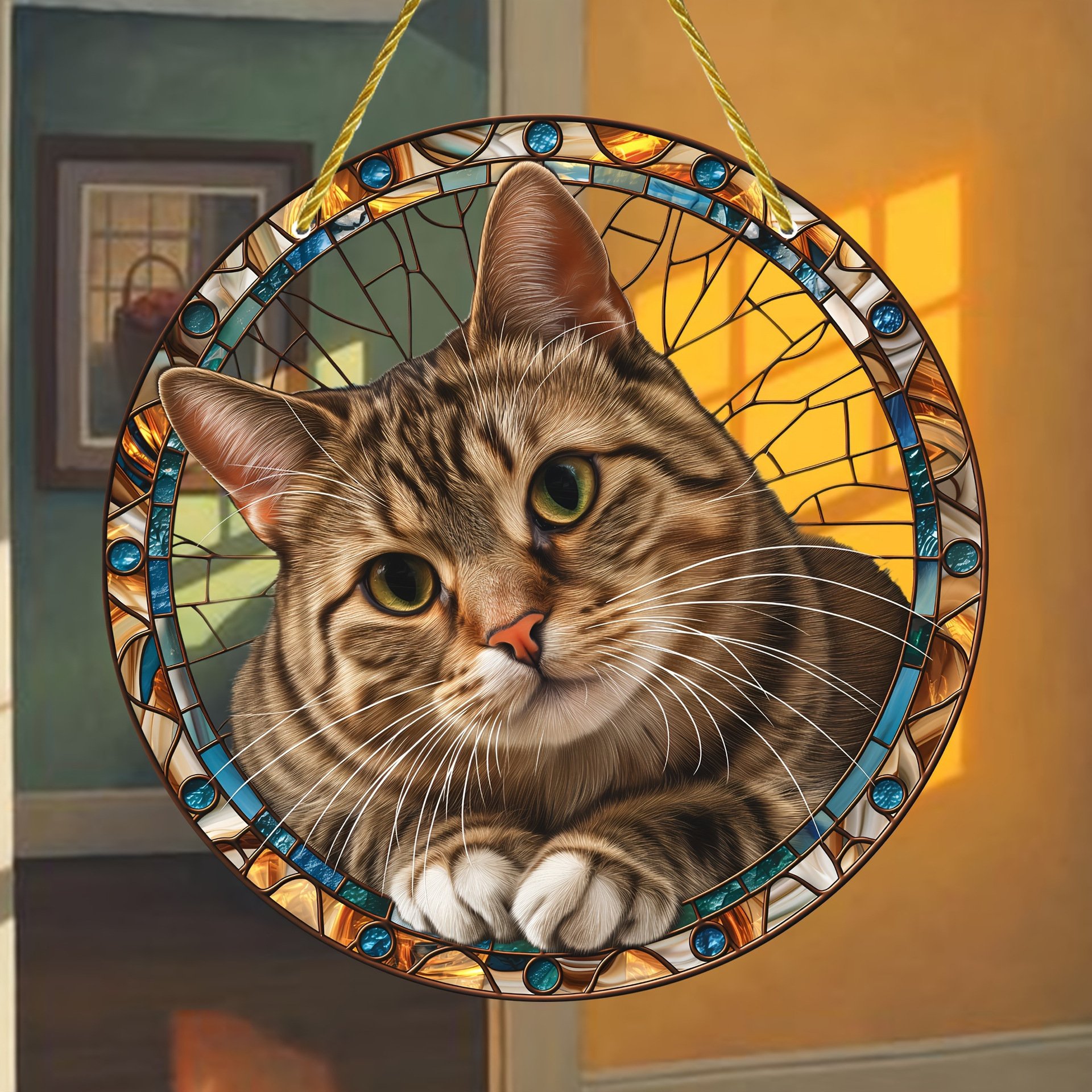 😻✨Adorable Tabby Cat Stained Art Ornament (8 inches)