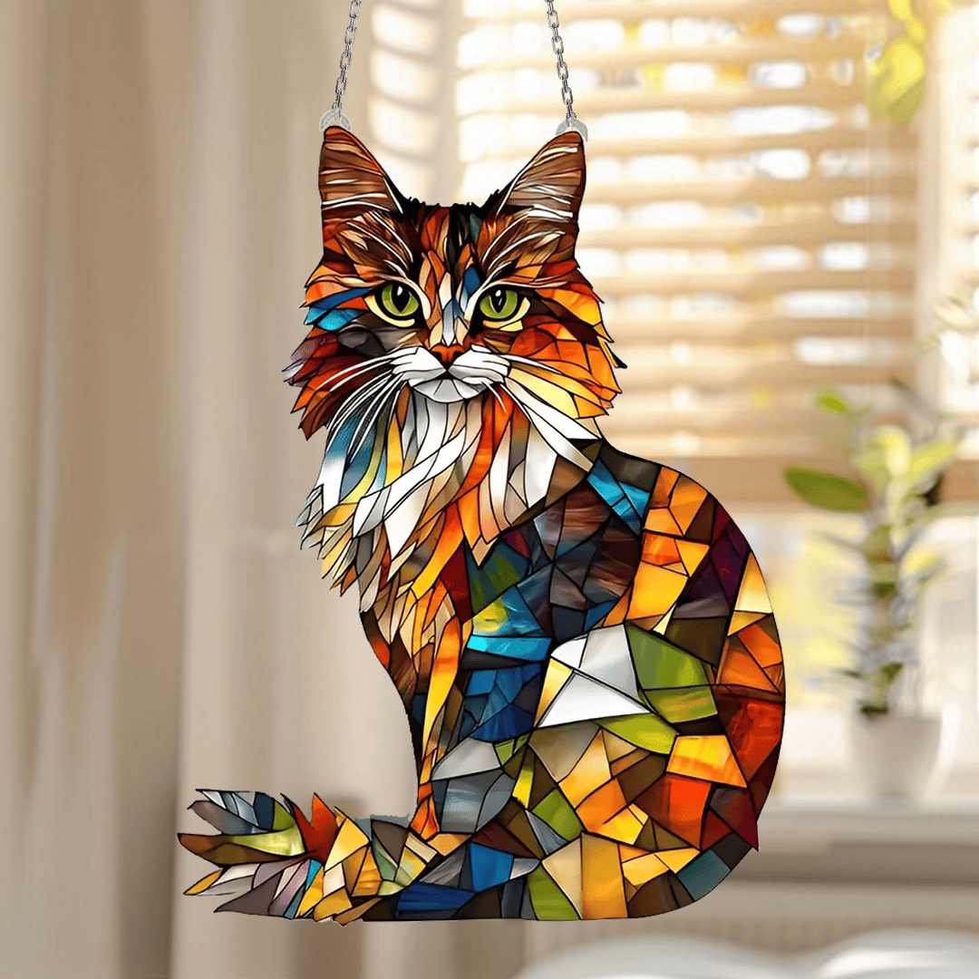 🐱✨ Longhair Cat Stained Art Ornament (8 inches)