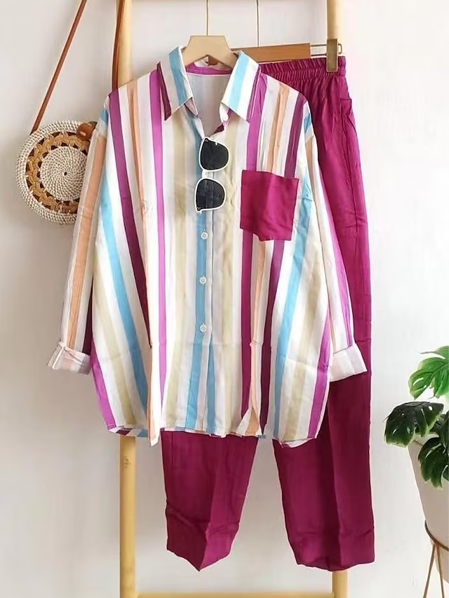 Women's Loungewear Sets 2 Pieces Long Sleeve Lapel Stripe Shirt and Wide Leg Pure Color Pants Simple Basic Casual Home Daily Going out Polyester Summer Spring Black Yellow