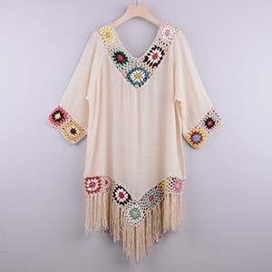 V Neck Asymmetrical Crochet Trim Tassel Cover Up