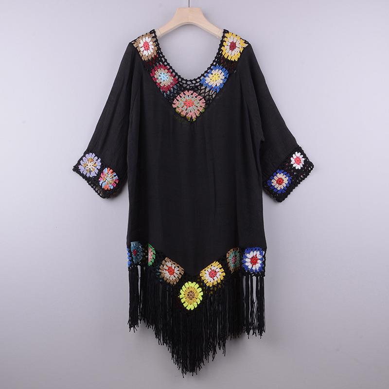 V Neck Asymmetrical Crochet Trim Tassel Cover Up