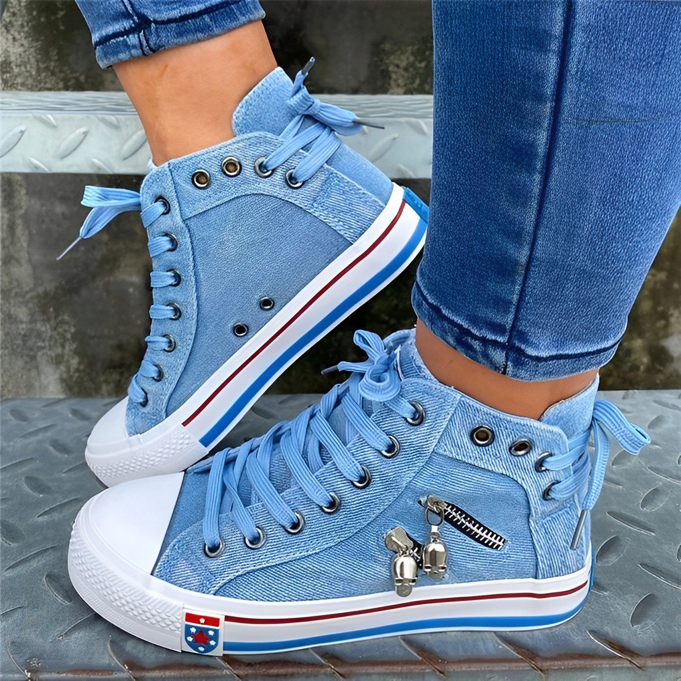 Blue Jean Denim High Top Women’s Sneakers Back Lace-p Design Canvas Shoes
