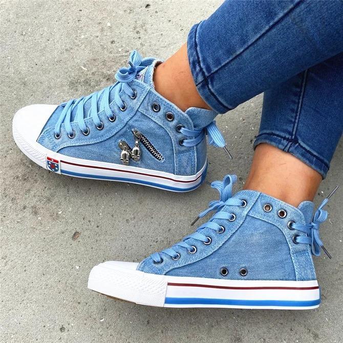 Blue Jean Denim High Top Women’s Sneakers Back Lace-p Design Canvas Shoes