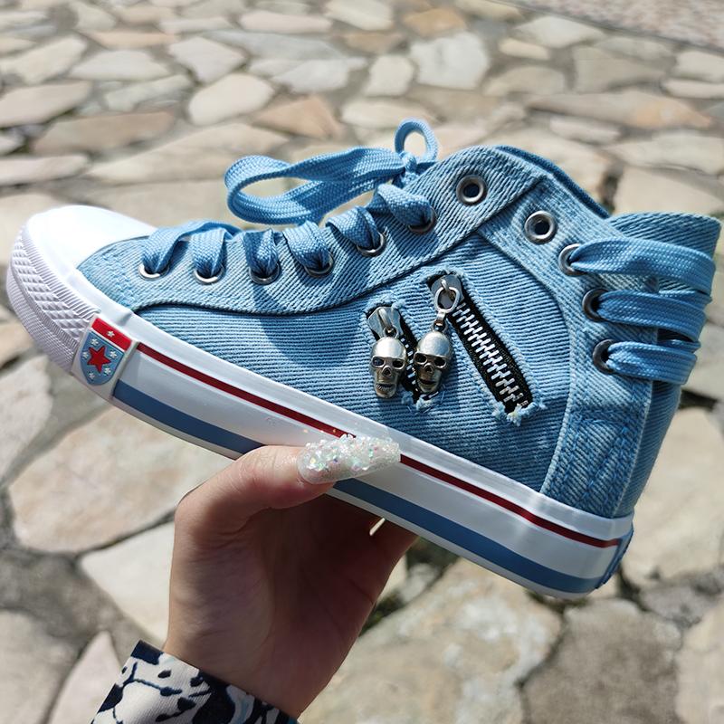 Blue Jean Denim High Top Women’s Sneakers Back Lace-p Design Canvas Shoes