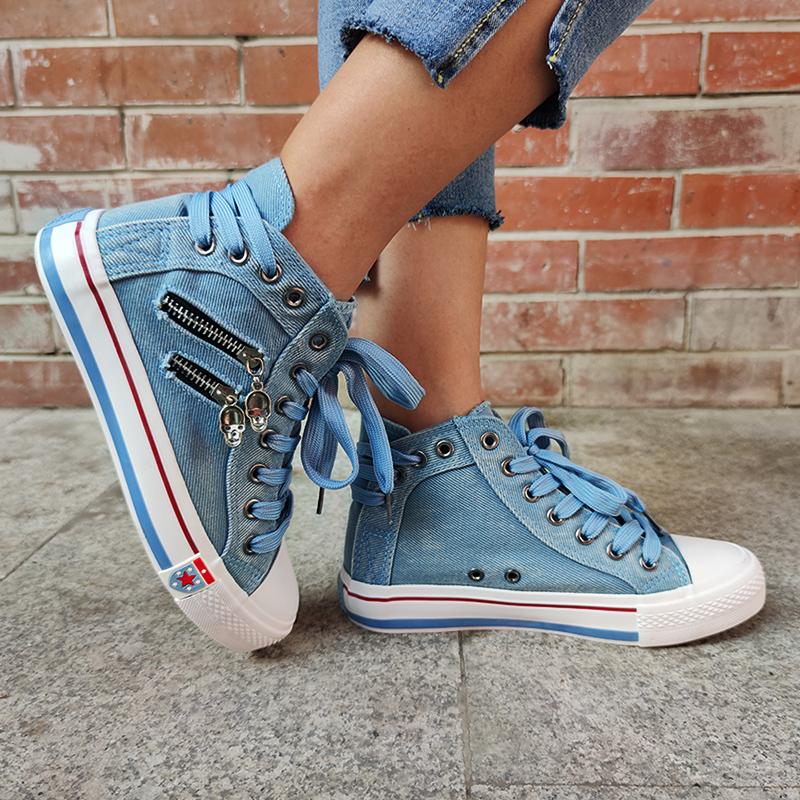 Blue Jean Denim High Top Women’s Sneakers Back Lace-p Design Canvas Shoes