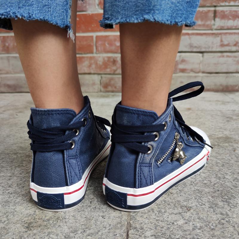Blue Jean Denim High Top Women’s Sneakers Back Lace-p Design Canvas Shoes
