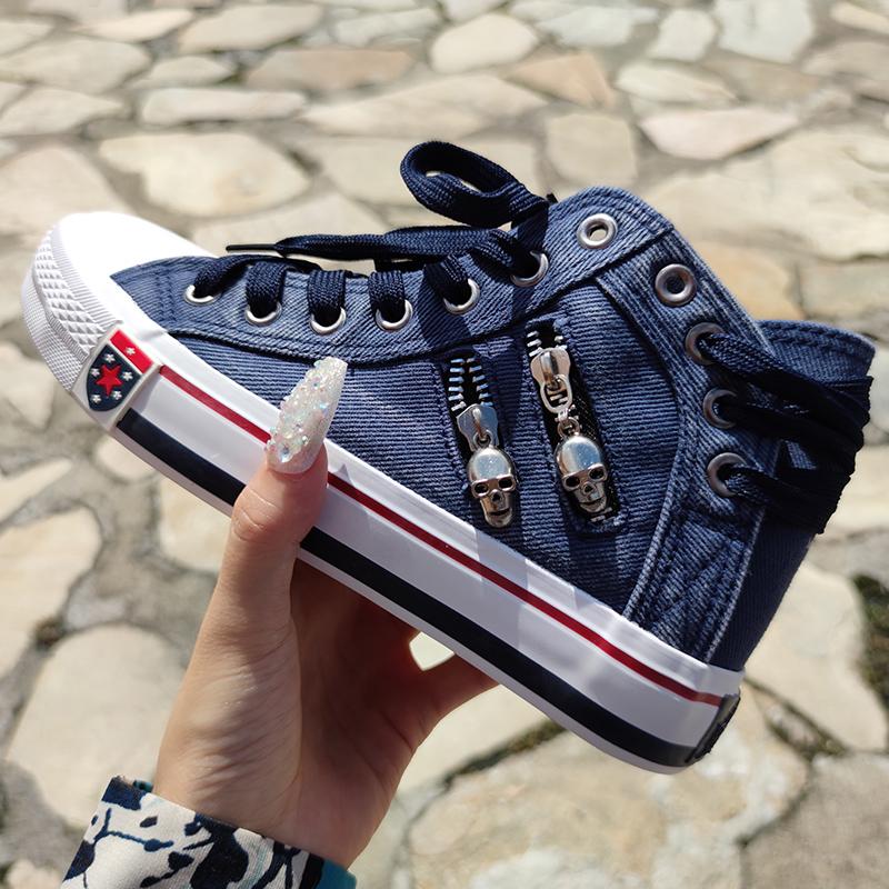 Blue Jean Denim High Top Women’s Sneakers Back Lace-p Design Canvas Shoes