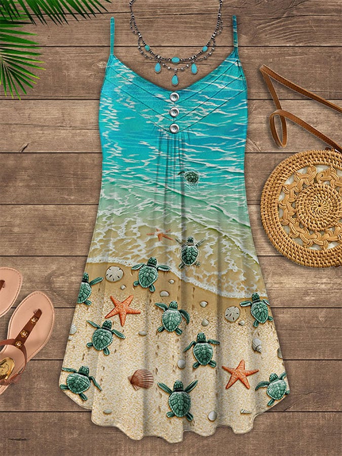🔥Buy 3 Get 10% Off🔥Vacation Sea Turtle Beach Print Spaghetti Strap D