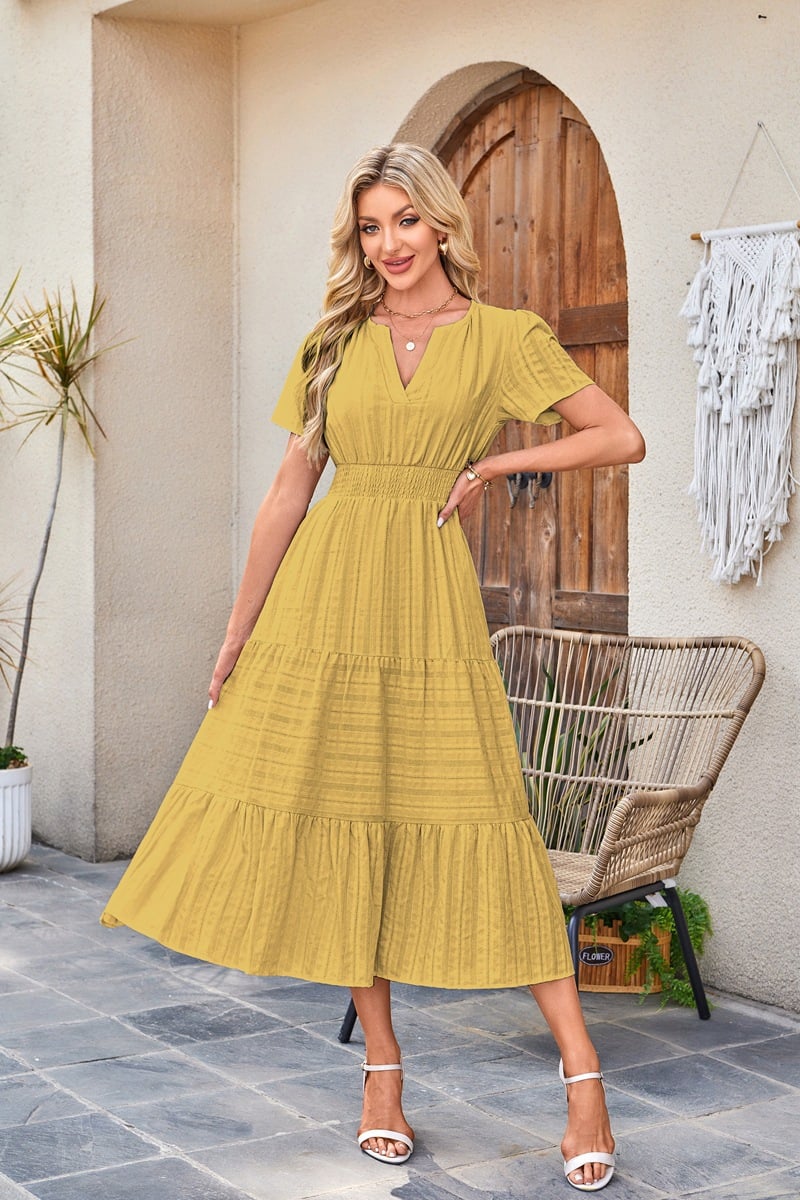 Midi Maxi Dresses Lightweight Short Sleeve V Neck Elastic Waist Boho Beach Dress Pockets