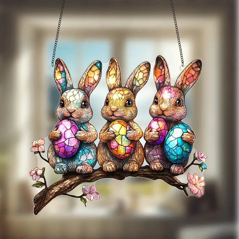 🌸🐰 Easter Bunny Stained Art Ornament (8 inches)