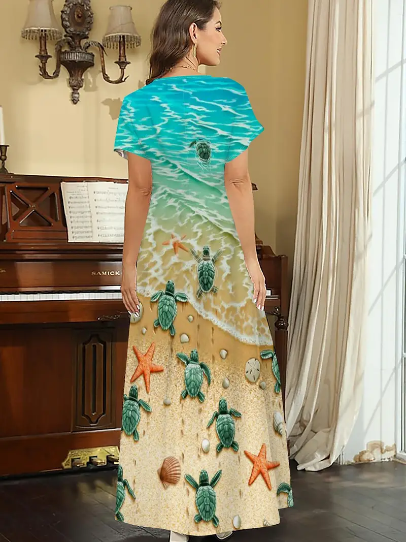 Plus Size Turtle & Starfish Print Slit Dress