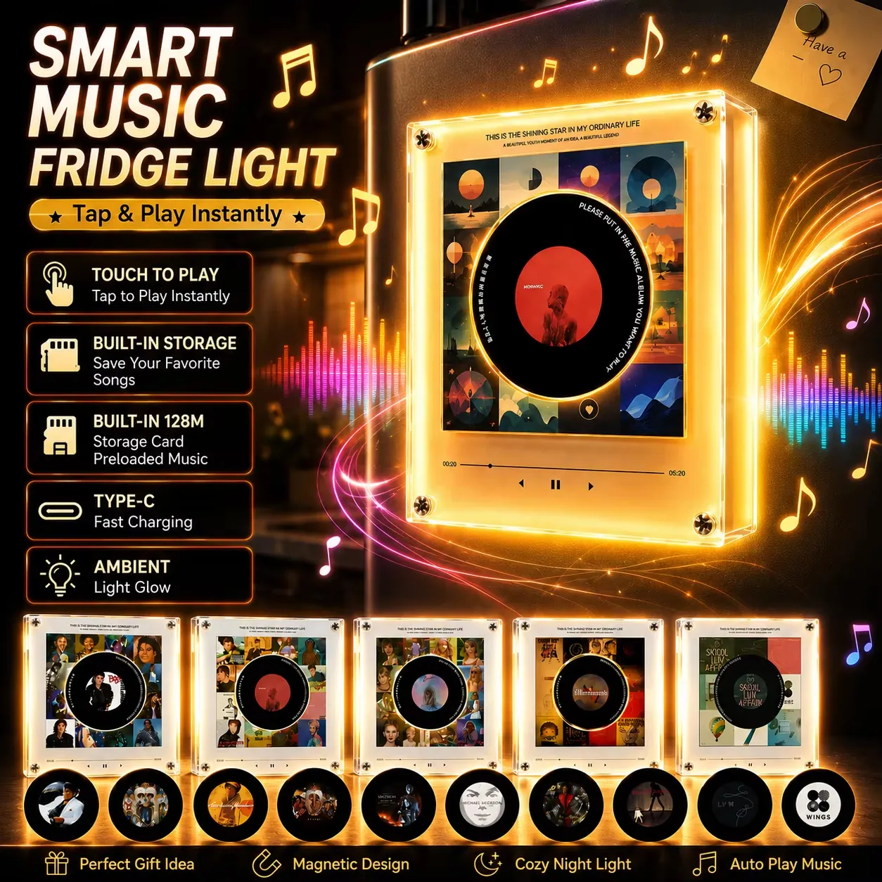 💿 Classic Pop NFC Player | Rotating Vinyl Light Fridge Magnet Decor Set