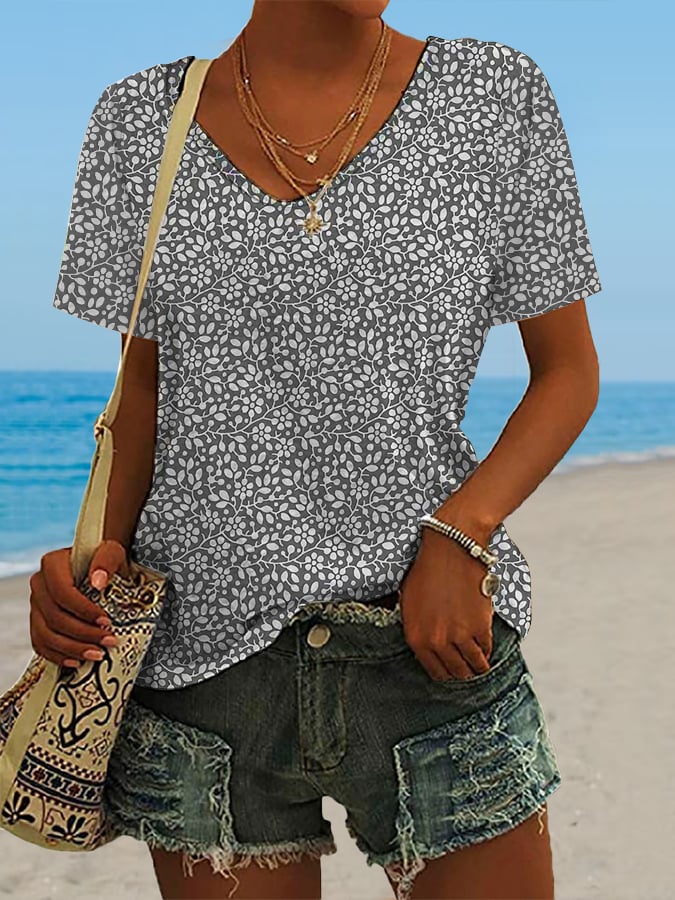  Best Match Women's Hawaiian Vacation Print Casual V-Neck T-Shirt