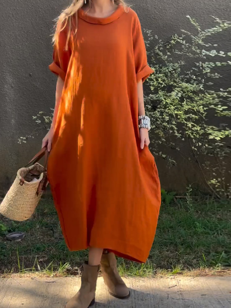 Women's casual solid color cotton and linen dress