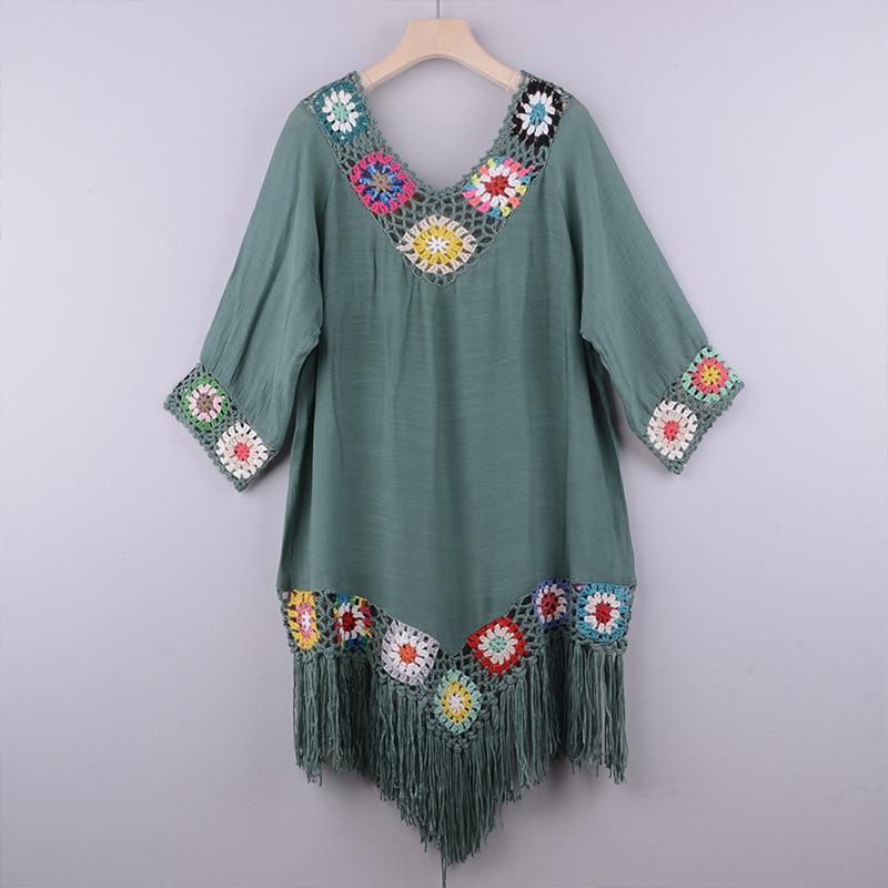 V Neck Asymmetrical Crochet Trim Tassel Cover Up