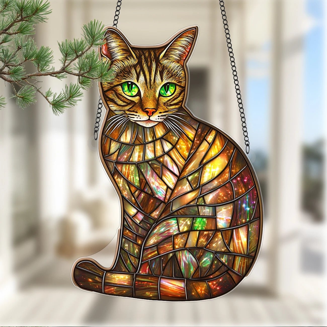 🐾✨ Mystic Tabby Stained Art Ornament (8 inches)