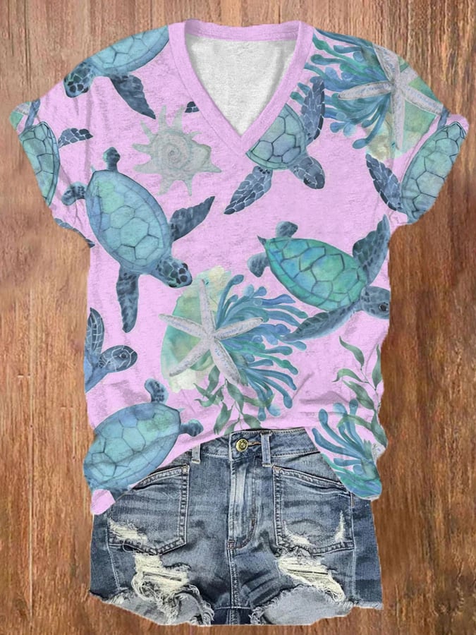  Buy 3 Get 15% Off Women's Hawaiian Turtle Print Casual V-Neck T-Shirt