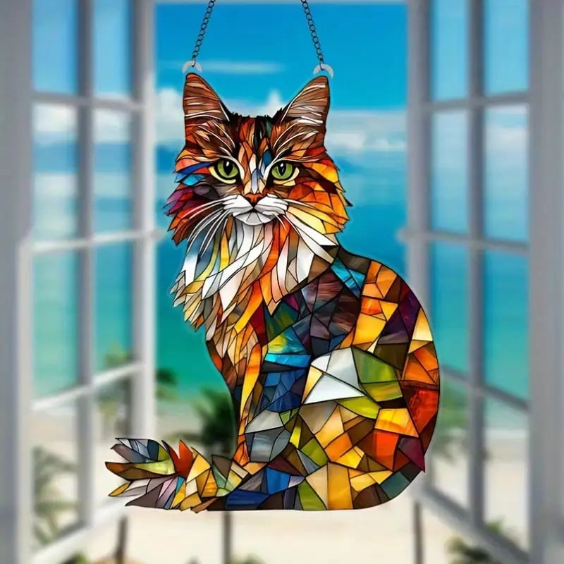 🐱✨ Longhair Cat Stained Art Ornament (8 inches)