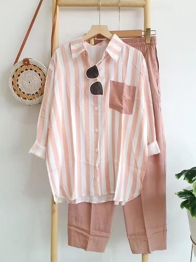 Women's Loungewear Sets 2 Pieces Long Sleeve Lapel Stripe Shirt and Wide Leg Pure Color Pants Simple Basic Casual Home Daily Going out Polyester Summer Spring Black Yellow