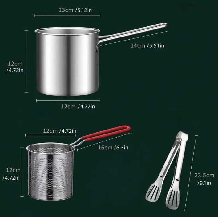 🍟 Personal Mini Deep Fryer Set – Stainless Steel Pot with Lift-Out Draining Basket & Food Tongs