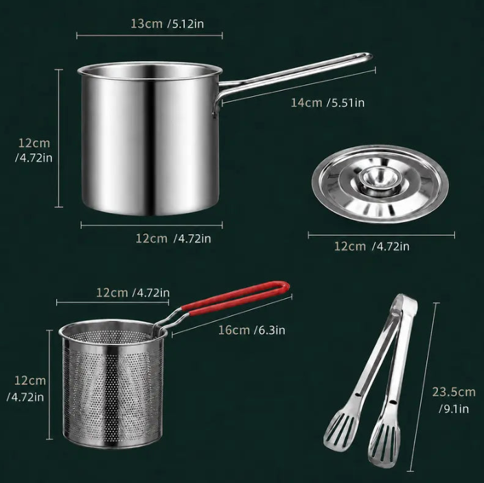 🍟 Personal Mini Deep Fryer Set – Stainless Steel Pot with Lift-Out Draining Basket & Food Tongs