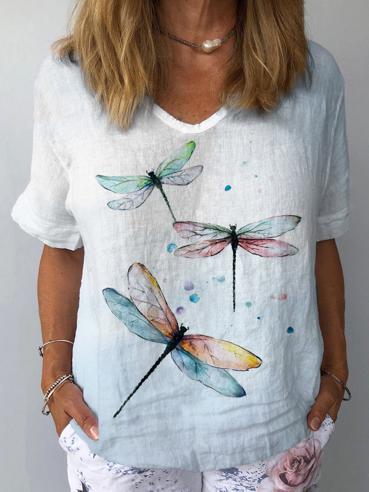 Women's Retro Floral Casual V-Neck Cotton And Linen Top